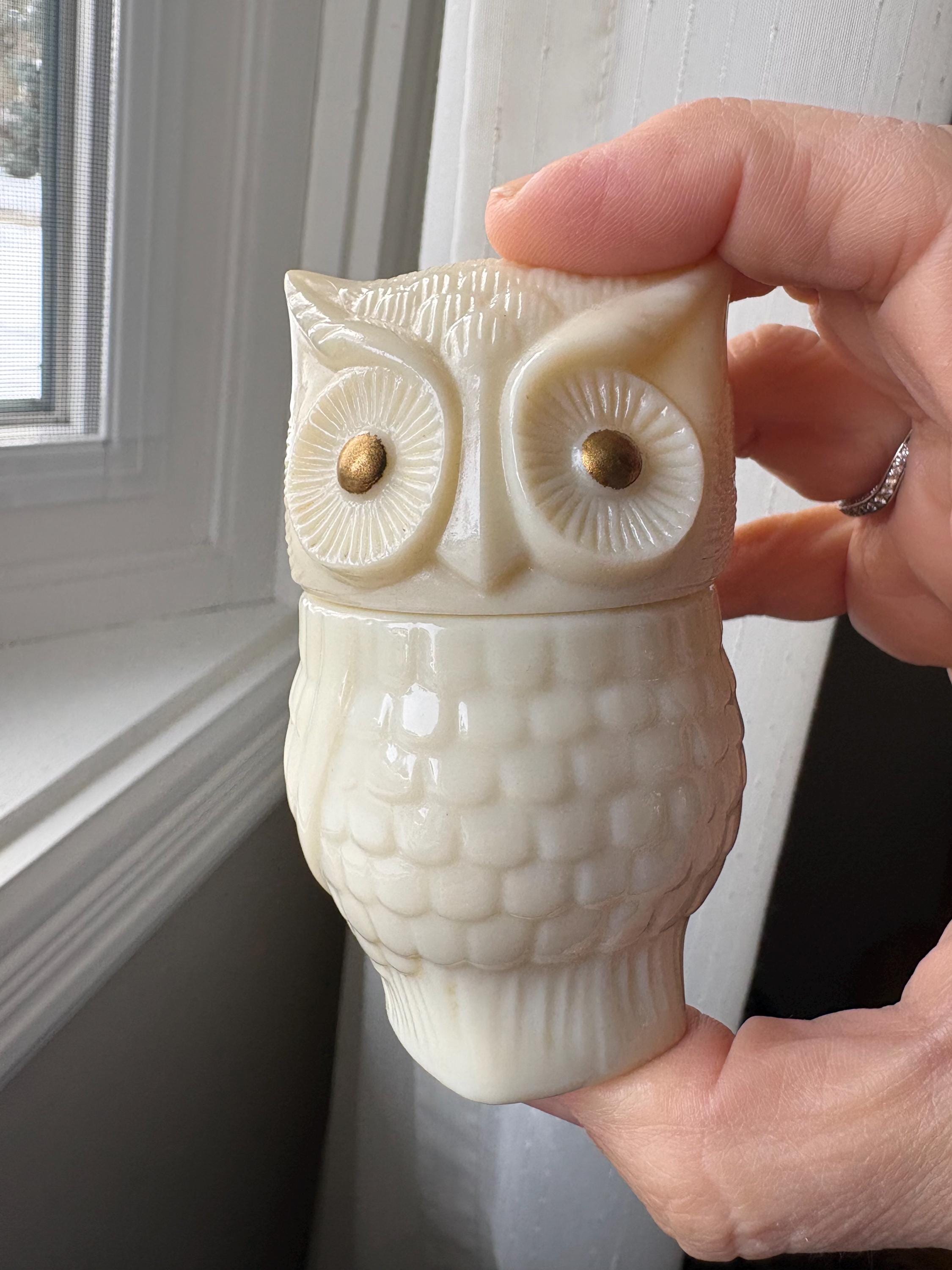 Vintage Avon Owl Bottle, Owl Milk Glass Cream Container
