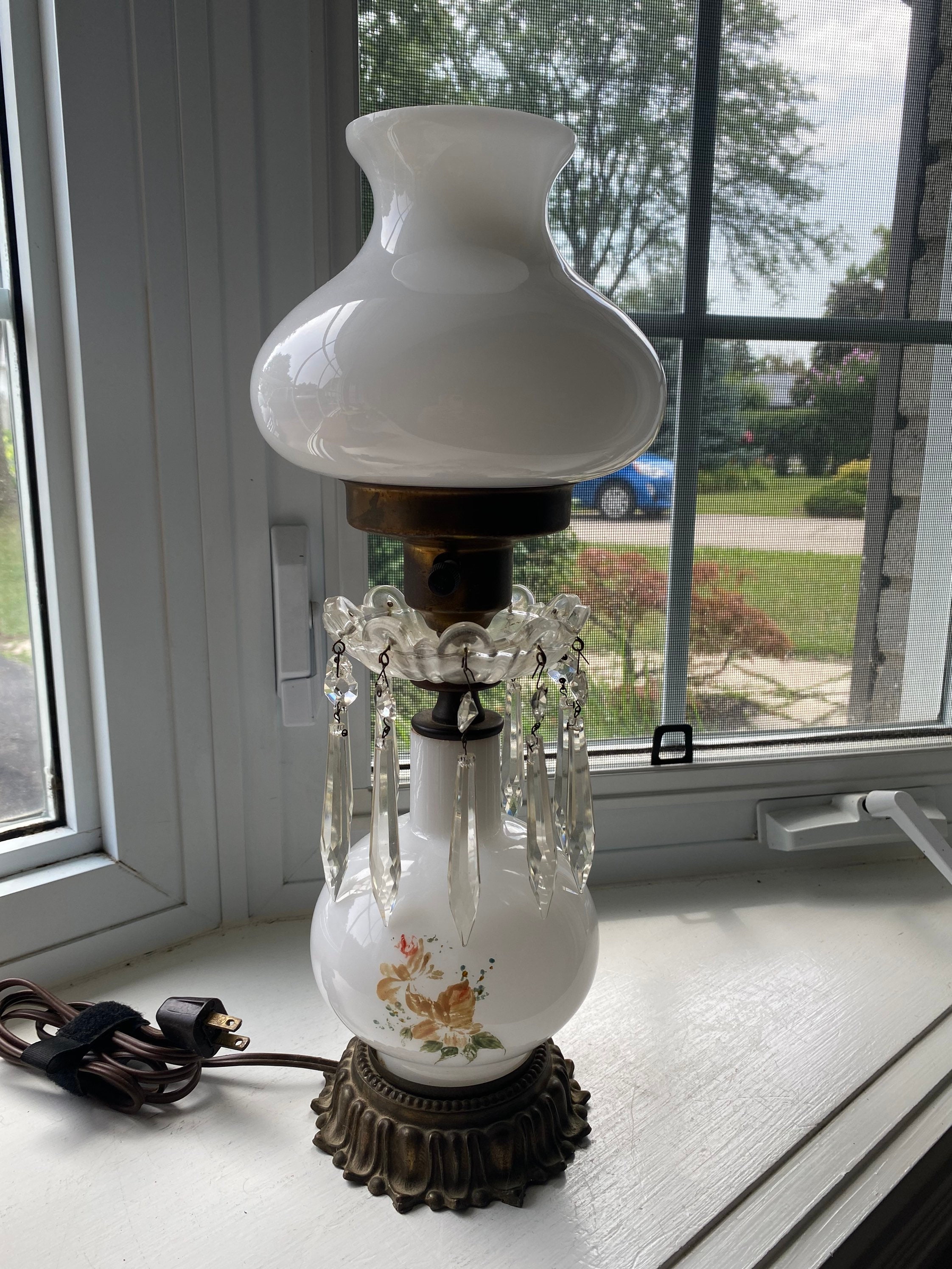 Vintage Hurricane Lamp With Hanging Crystals, Smaller Size 