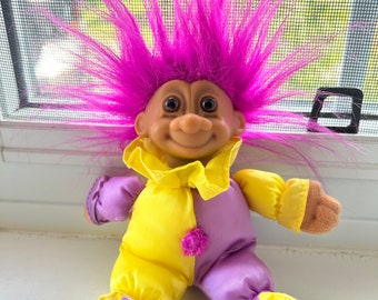 Vintage Toy Russ Troll Doll Clown Jester Purple Yellow Outfit 1980s, Soft Body Plush Bright Hair 7"