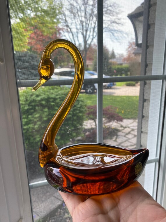 BOHEMIA ガラス スワン アート Vintage Amber Yellow Bohemia Crystal Swan, Made in Czechoslovakia