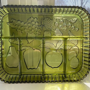 Vintage Indiana Glass Co. Sectional Relish Tray / Platter - Fruits Green / Avocado Glass