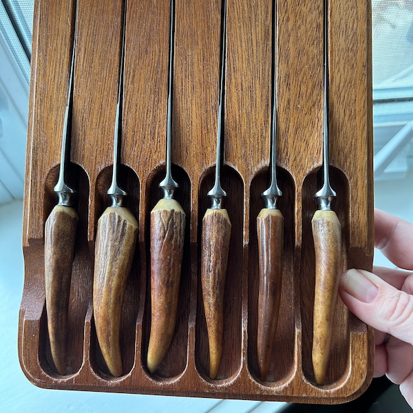 Vintage Stag Horn Handle Steak Knives, Lewis Rose & Co., Sheffield England, Set of 6, Original Box