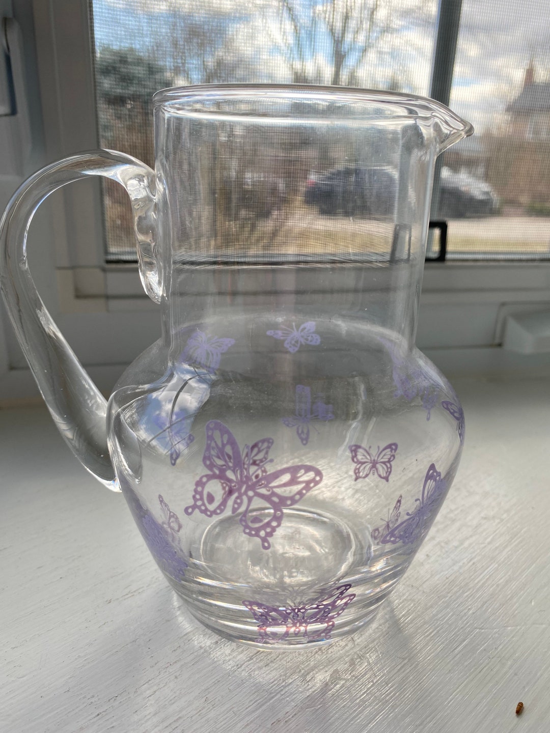 Vintage Glass Juice Pitcher With Purple Butterflies Etsy