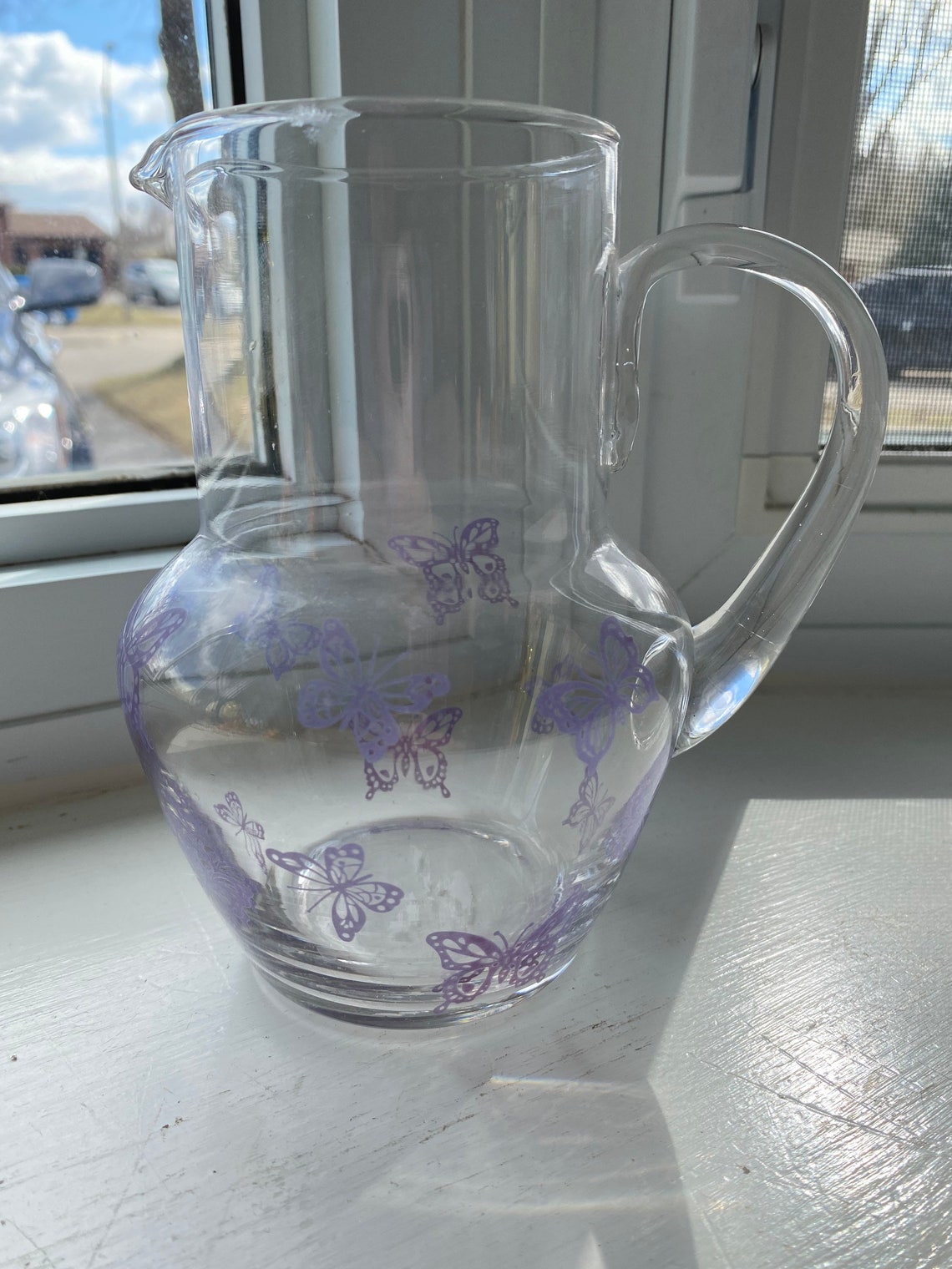 Vintage Glass Juice Pitcher With Purple Butterflies Etsy