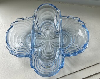 Vintage, Cambridge Glass, Caprice, Moonlight Blue, #125, 3-Part, Relish, Celery, Dish, Clover Shaped
