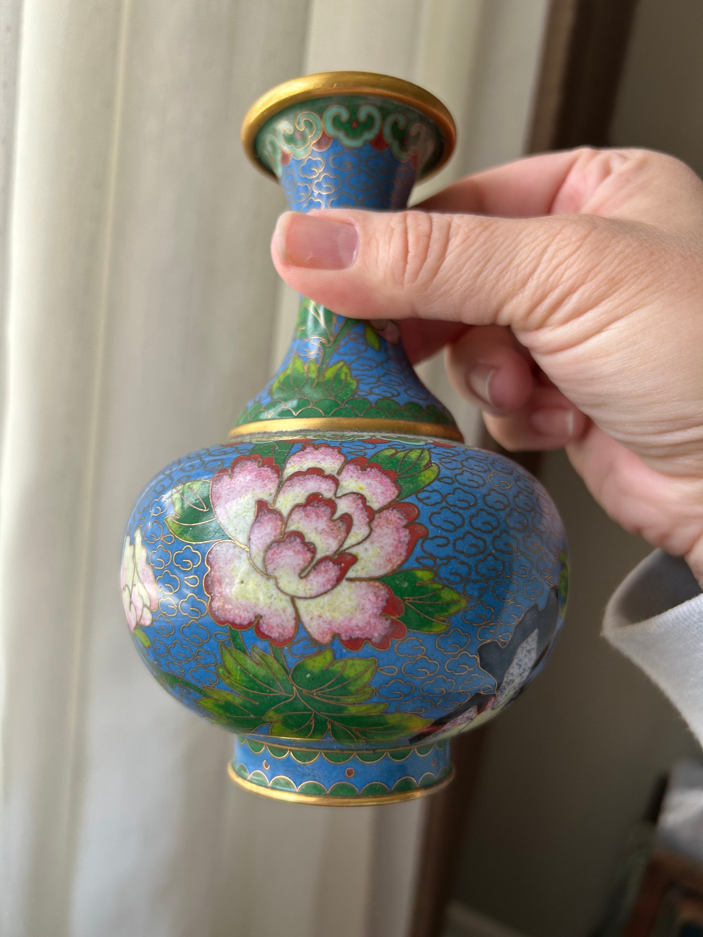 Vintage Chinese Cloisonné Enamel Vase, Birds and Flowers Pattern