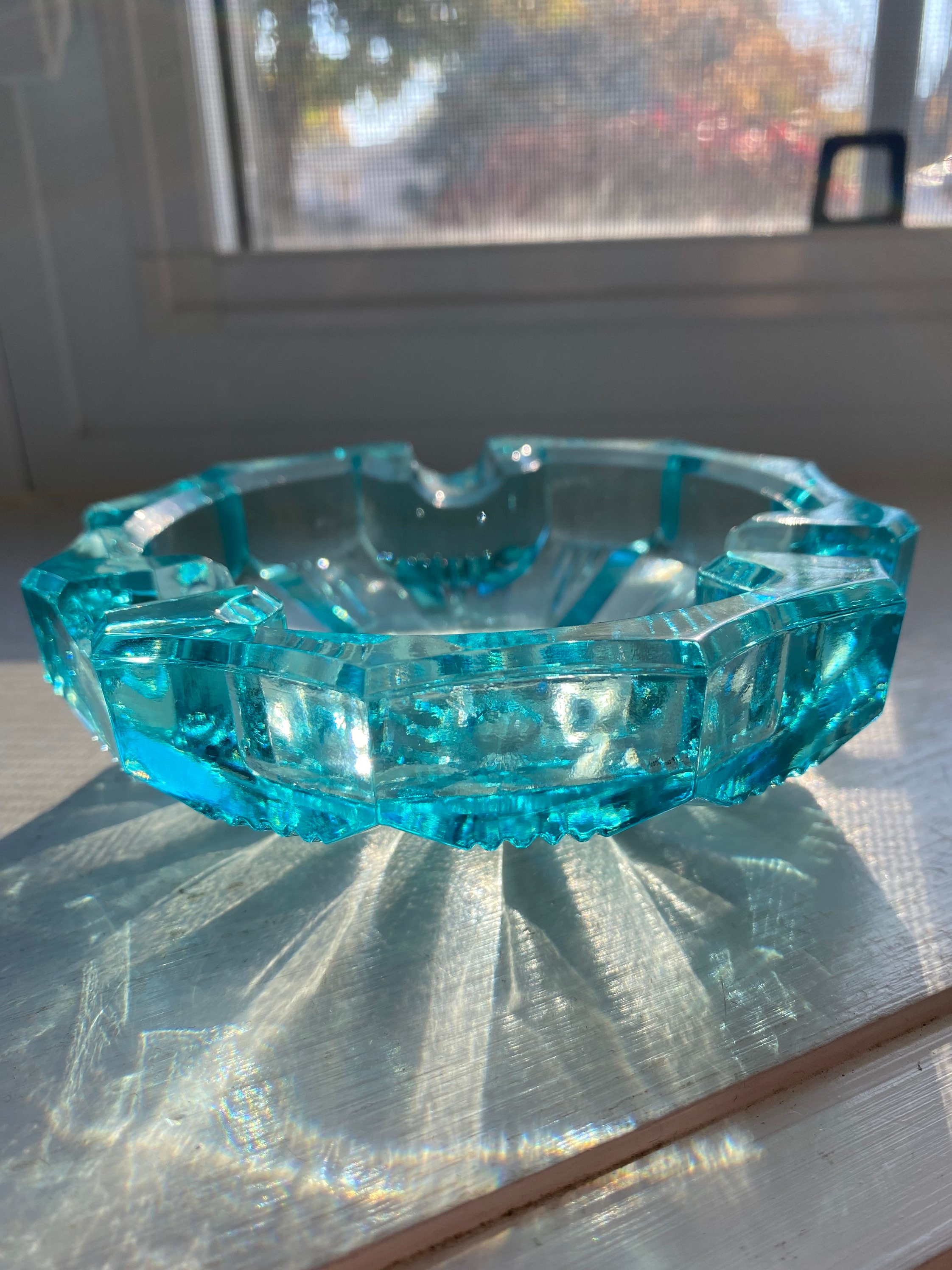 Vintage Turquoise Ashtray Aqua Blue Glass Trinket Dish Etsy
