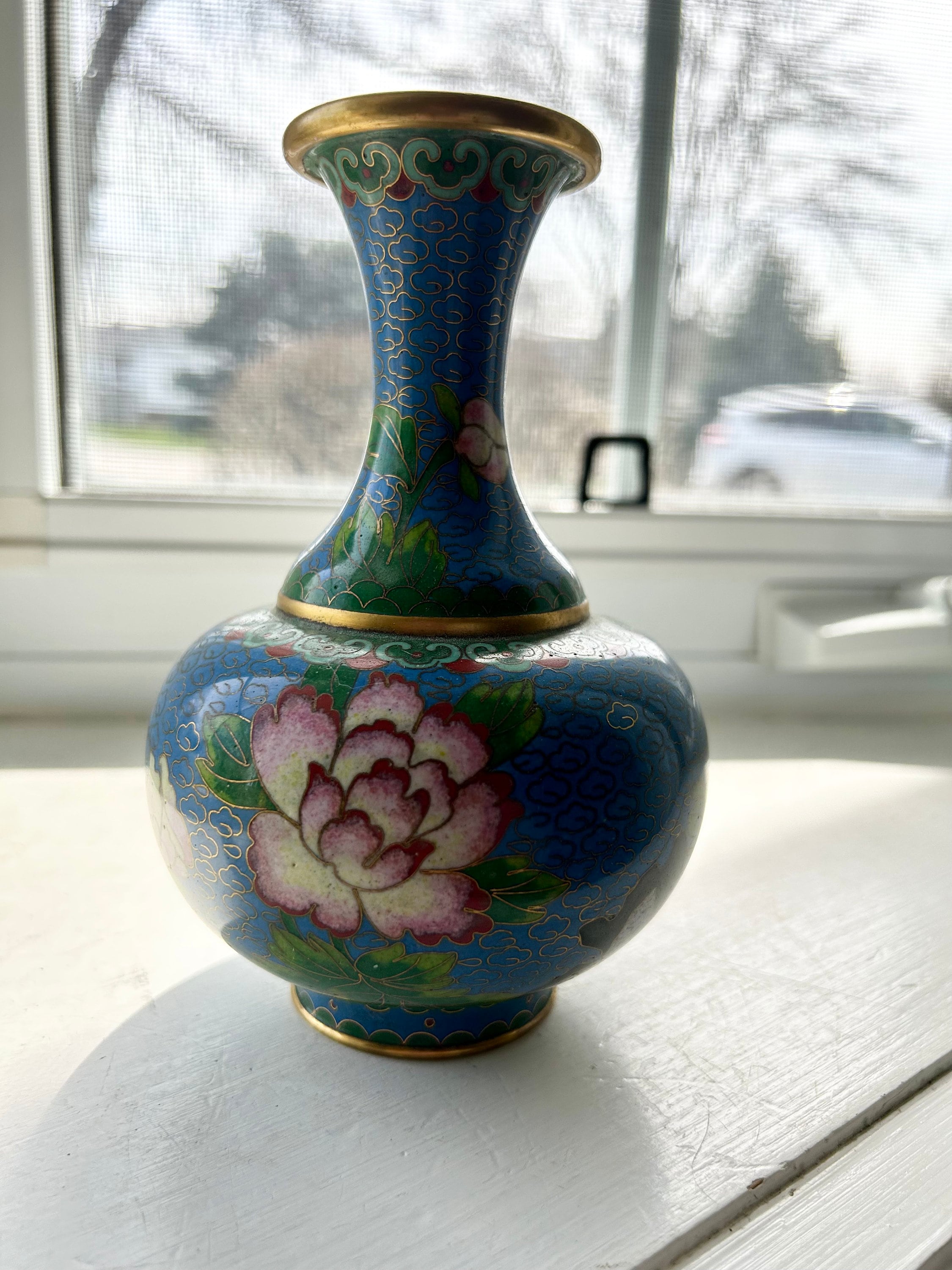 Vintage Chinese Cloisonné Enamel Vase, Birds and Flowers Pattern