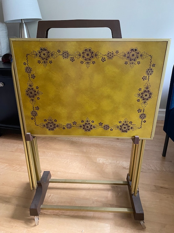 Vintage Lavada Folding Tv Trays Set With Rolling Stand Etsy