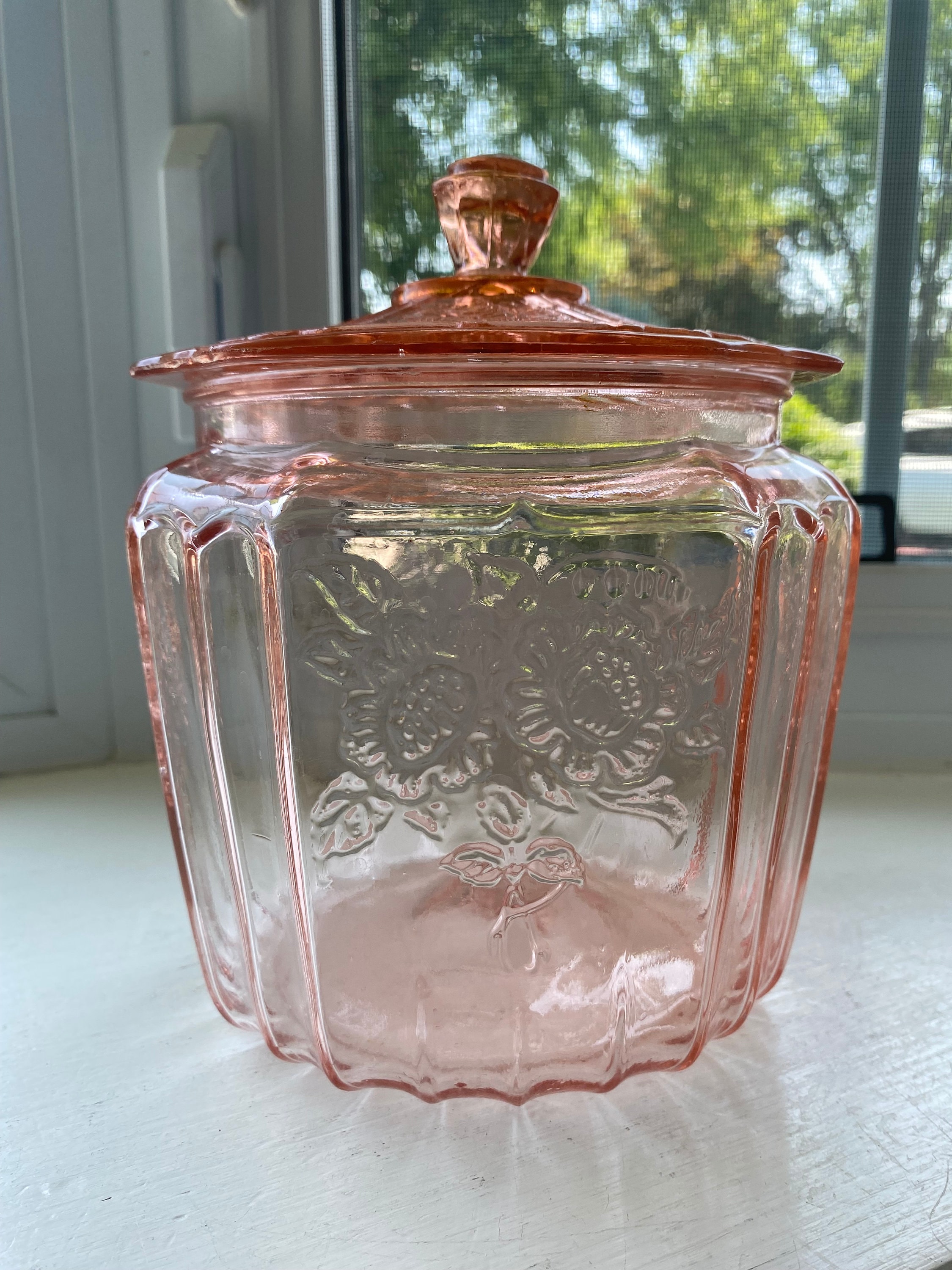 Vintage Pink Depression Glass Mayfair Cookie Jar, Biscuit Jar