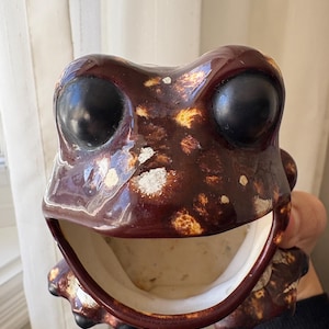 May include: A ceramic frog-shaped container with a wide open mouth. The frog is glazed in shades of brown with black eyes and a cream-colored interior. The container has a glossy finish and is likely used for decorative or functional purposes.