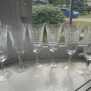 Vintage Bohemian Cut Crystal Tall Wine Glasses Set of 6, Vintage Brilliant Cut, Pineapple Crystal