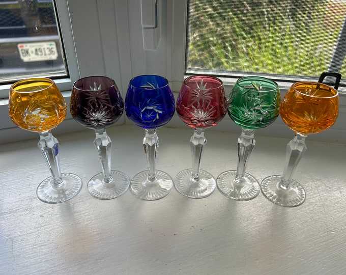 Vintage F. Kisslinger Coloured Cut To Clear Crystal Glasses, Crystal Liquor Glasses, Set of 6