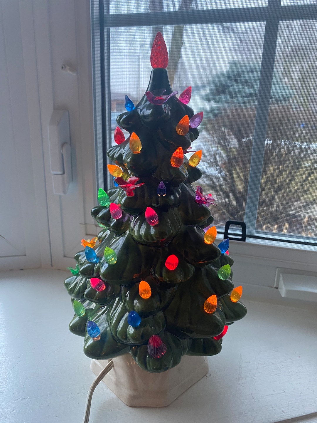 Vintage Ceramic Green Christmas Tree With Lights, Very Collectible