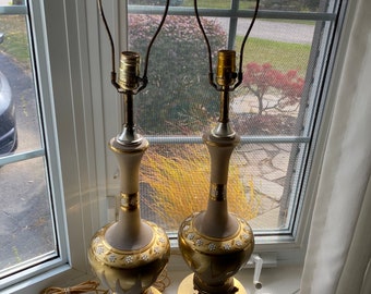 MCM Frosted Gold Glass and Hand Painted Lamp With Brass Dolphin Base, Vintage Table Lamps, Pair of 2, Tri-Light