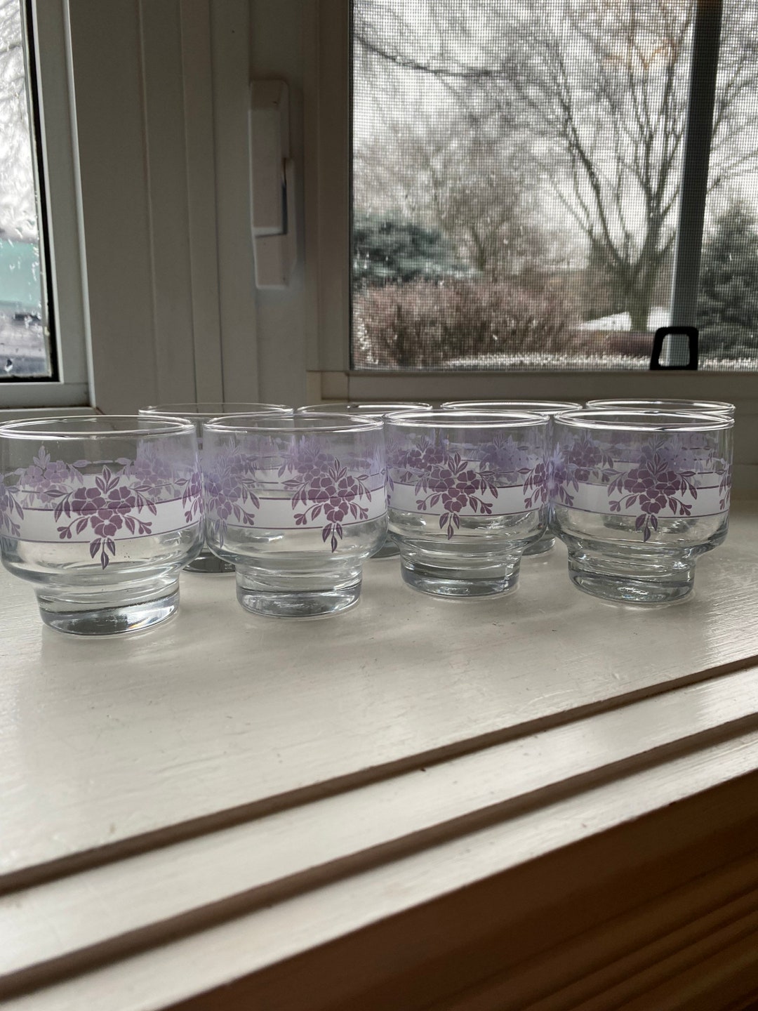 Vintage Libbey Juice Glasses With Purple Violet Floral Print Etsy