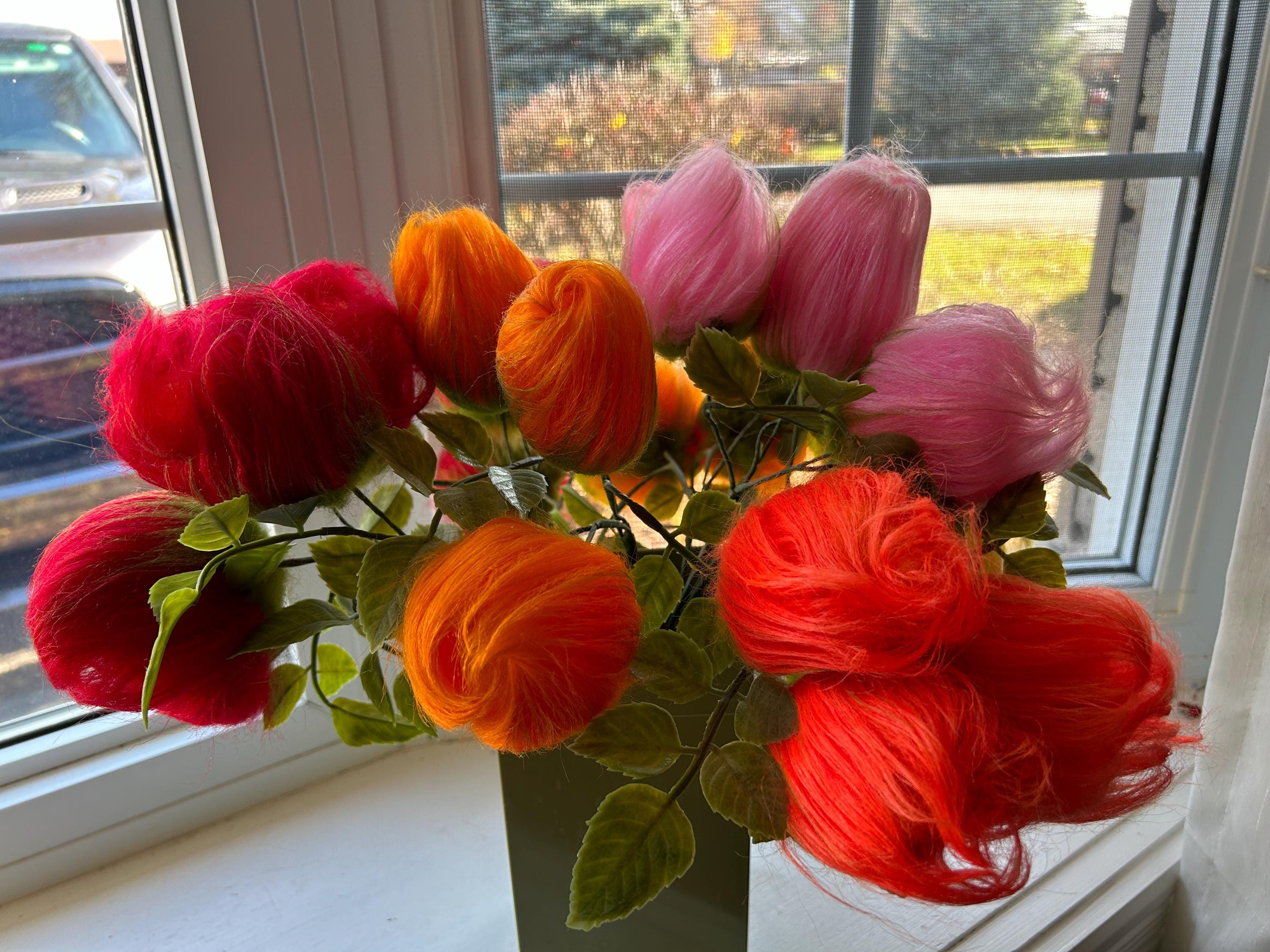 Vintage Fake Fur Flowers, Retro Fuzzy Flowers, MCM Decor, Grammas