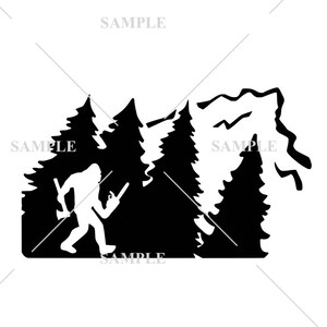 May include: Black and white silhouette of a Bigfoot walking through a forest with a large axe in his hand.