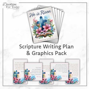 Op de afbeelding: Een set met printbare schriftstudie-plannen en afbeeldingen met een aquarel-illustratie van een kruis, bloemen en een open boek. De tekst op de afbeeldingen omvat "Hij is opgestaan", "Ga de hele wereld in en verkondig het goede nieuws aan alle schepselen", "Want ik schaam me niet voor het evangelie van Christus, want het is de kracht van God tot redding voor iedereen die gelooft, eerst voor de Jood en dan ook voor de Griek", en "Toen ze dat zeiden, stond Jezus midden onder hen en zei tegen hen: "Vrede zij met u."