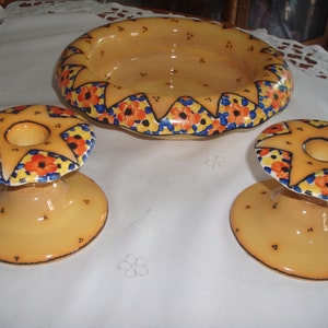 Bright Art Deco Made in Czechoslovakia Pottery Bowl & Candleholders- 1930s