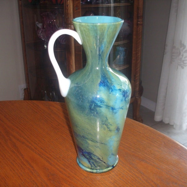 Cased Glass Marbled Green & Blue with White Opal Handle EMPOLI Tuscany Italy GLASS PITCHER