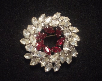 Vintage "Swirling Inferno" Ruby Red and Satin White RHINESTONES BROOCH