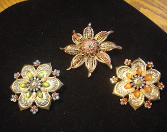 A Grouping of 3 Wonderful Ladies  Flowered Design BROOCHES with Rhinestones