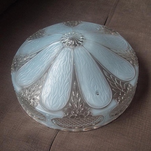 Art Deco Carousel Ceiling Lampshade: Blue Floral Glass, 1930s