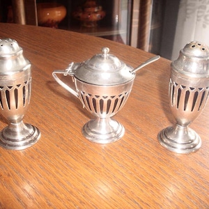 Set of Early Silver-Plate  Condiment Set with Cobalt Blue Glass Inserts