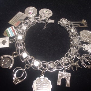 Dazzling Frosted Heart Sterling Silver CHARM BRACELET with 14 unique Silver CHARMS