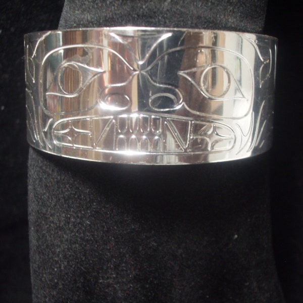 Signed Corey Bulpitt HAIDA Native Art Carved Silverplated "Bear" Cuff Bracelet