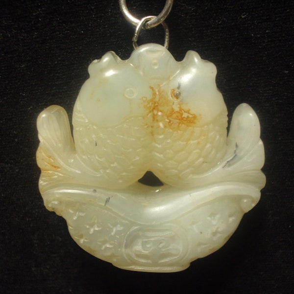 Natural NEPHRITE JADE  Double KOI Fish Carving Pendant