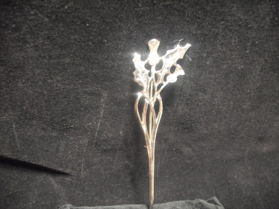 Long Slender Silver-Toned KILT PIN with Scottish Thistle Design