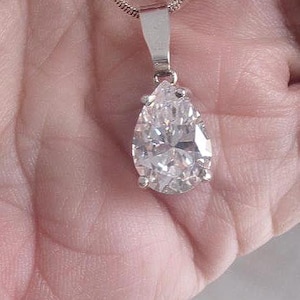 Large TEARDROP Cubic Zirconia Pendant in Sterling Silver Frame With Snake Chain