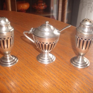Set of Early Silver-Plate  Condiment Set with Cobalt Blue Glass Inserts