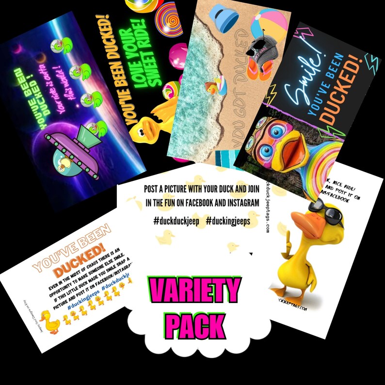 Puede incluir: Un paquete variado de tarjetas coloridas con un tema de pato de goma. Las tarjetas tienen diferentes lemas, incluyendo "You've Been DUCKED!" y "Love Your Sweet Ride!" Las tarjetas son perfectas para agregar un toque divertido a cualquier ocasi&oacute;n.