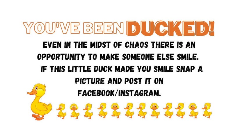 Puede incluir: Un pato amarillo de dibujos animados con el texto "YOU'VE BEEN DUCKED!" encima. El texto debajo del pato dice "Even in the midst of chaos there is an opportunity to make someone else smile. If this little duck made you smile snap a picture and post it on FACEBOOK/INSTAGRAM."