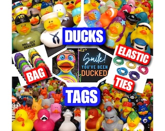 Duck Duck You&#39;ve Been Ducked BEST Variety/FASTEST Shipping  Pick 20,50 or 100 Rubber Ducks,Tags & Drawstring Bag