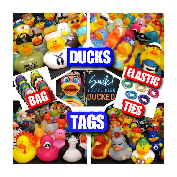 Duck Duck You've Been Ducked BEST Variety/FASTEST Shipping  Pick 20,50 or 100 Rubber Ducks,Tags & Drawstring Bag