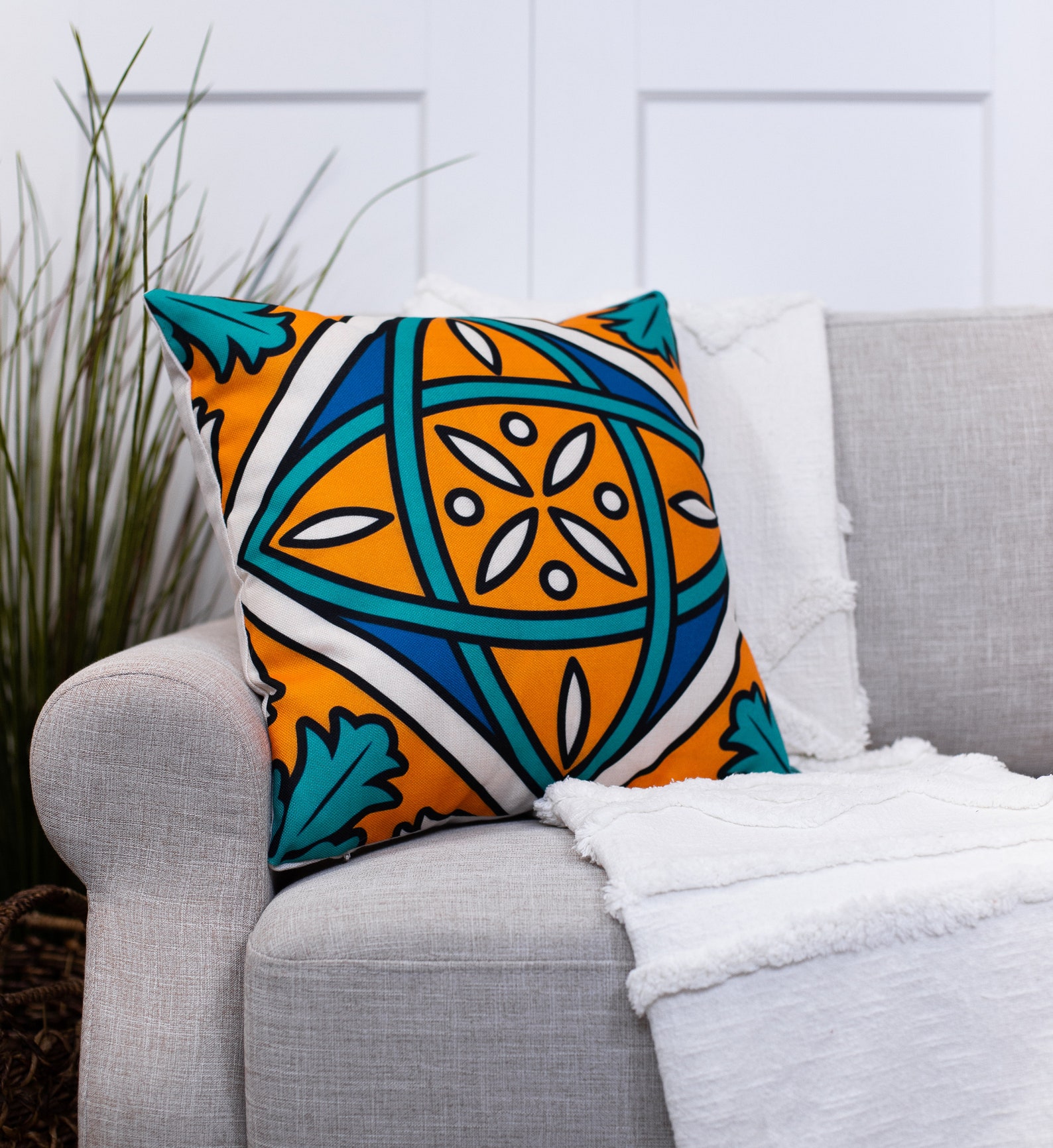 Blue & Orange Medallion Throw Pillow Covers Decorative Etsy