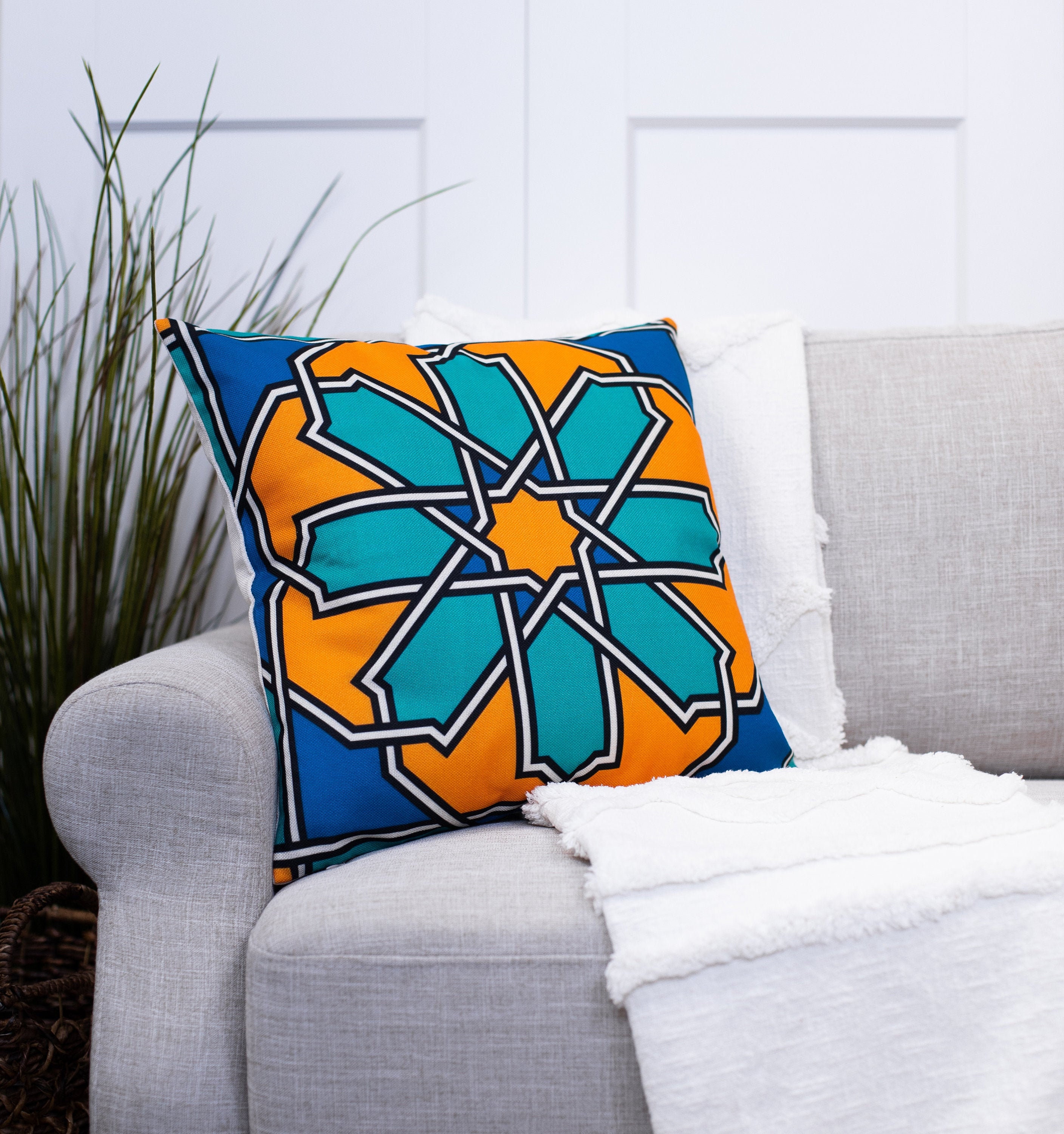 Blue & Orange Medallion Throw Pillow Cover Multiple Design Etsy