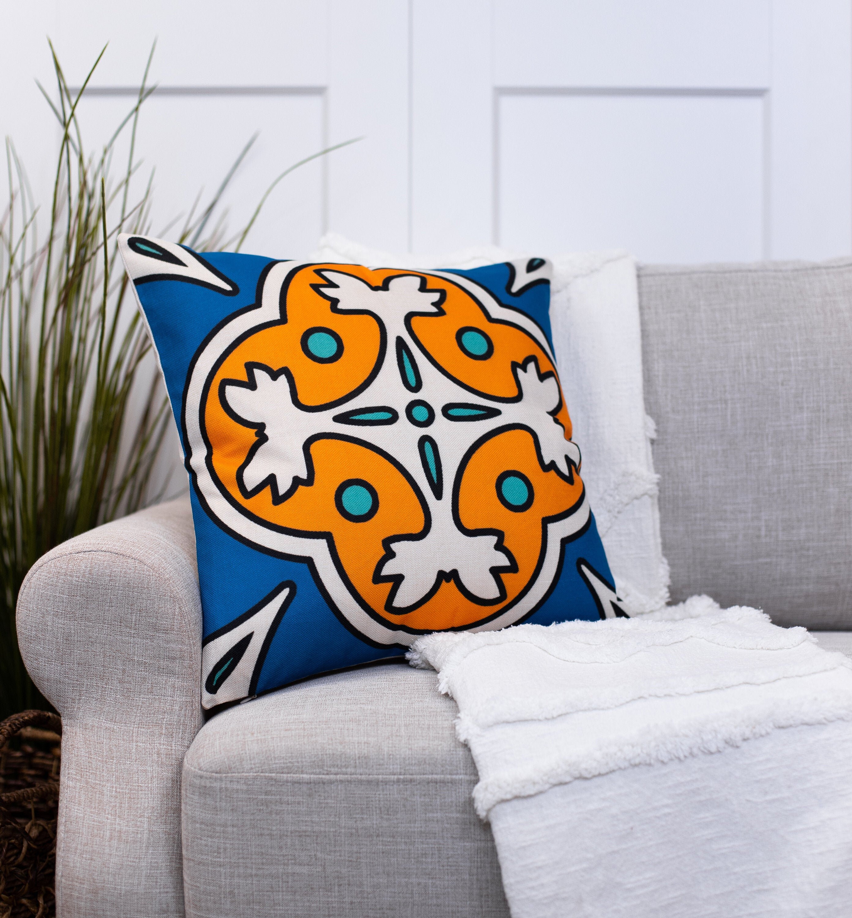 Blue & Orange Medallion Throw Pillow Covers Decorative Etsy