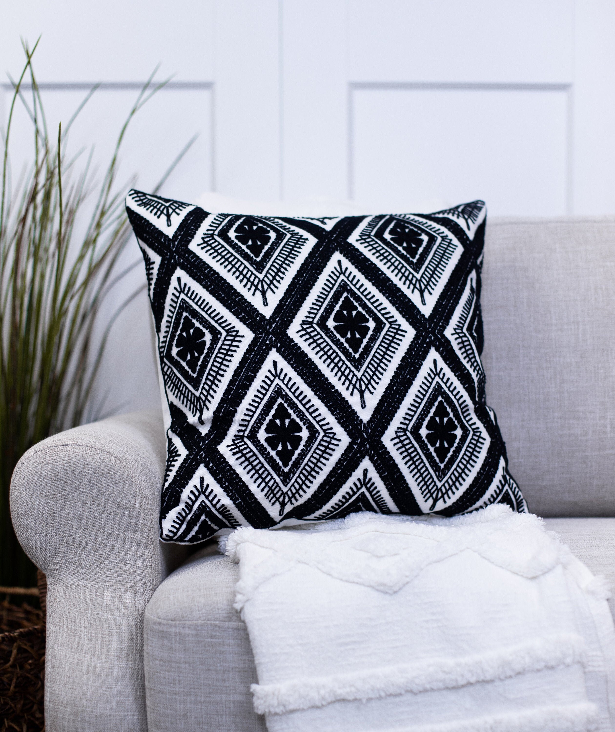 Black Embroidered Throw Pillow Covers Cotton Pillows Etsy