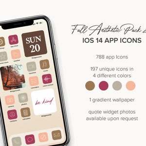 Pode incluir: Uma captura de tela de um iPhone exibindo uma tela inicial personalizada com uma estética de outono. Os ícones estão em vários tons de marrom, rosa e cinza. O texto "Fall Aesthetic Pack 2" e "IOS 14 APP ICONS" é exibido na parte superior da tela. O texto "SUN 20" é exibido em um ícone quadrado marrom. O texto "be kind" é exibido em um ícone quadrado rosa.