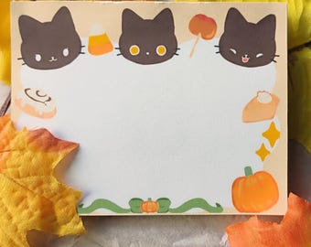Bloc de notas Cottagecore con diseño de gato negro, papelería de calabaza otoñal, bloc de notas con diseño de rollo de canela y caramelo de maíz, papel para listas de Halloween y Acción de Gracias.