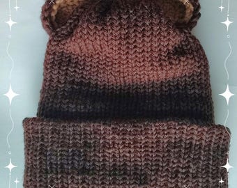 Knit Teddy Bear Beanie: Brown & Pink Acrylic Winter Hat
