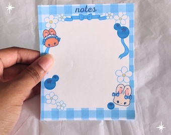 Bloc de notas con diseño de conejito de arándanos, papelería con margaritas y cuadros azules, bloc de notas floral estilo cottagecore, artículos de papelería de primavera sin adhesivo, linda lista para picnic