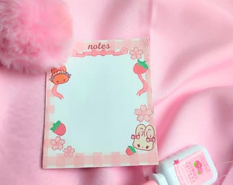 Bloc de notas con conejito rosa estilo cottagecore: Papelería kawaii con fresas