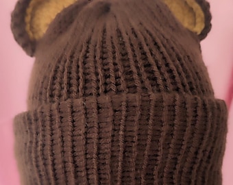 Gorro de oso marrón, gorro de peluche tejido con orejas, gorro de invierno de acrílico acogedor, gorro con puño hecho a mano.
