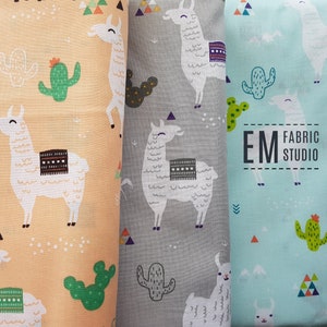 Llamas and Cactus cotton on Grey, Llamas on mint and Llamas on peach, 100% cotton, Alpaca cotton
